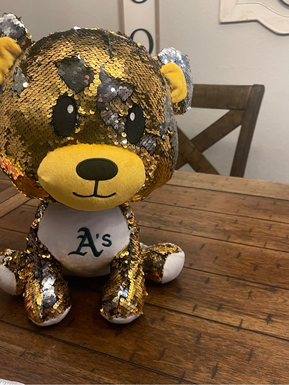 Sequin Teddy Bear Plush in Gold & Silver with A's Logo